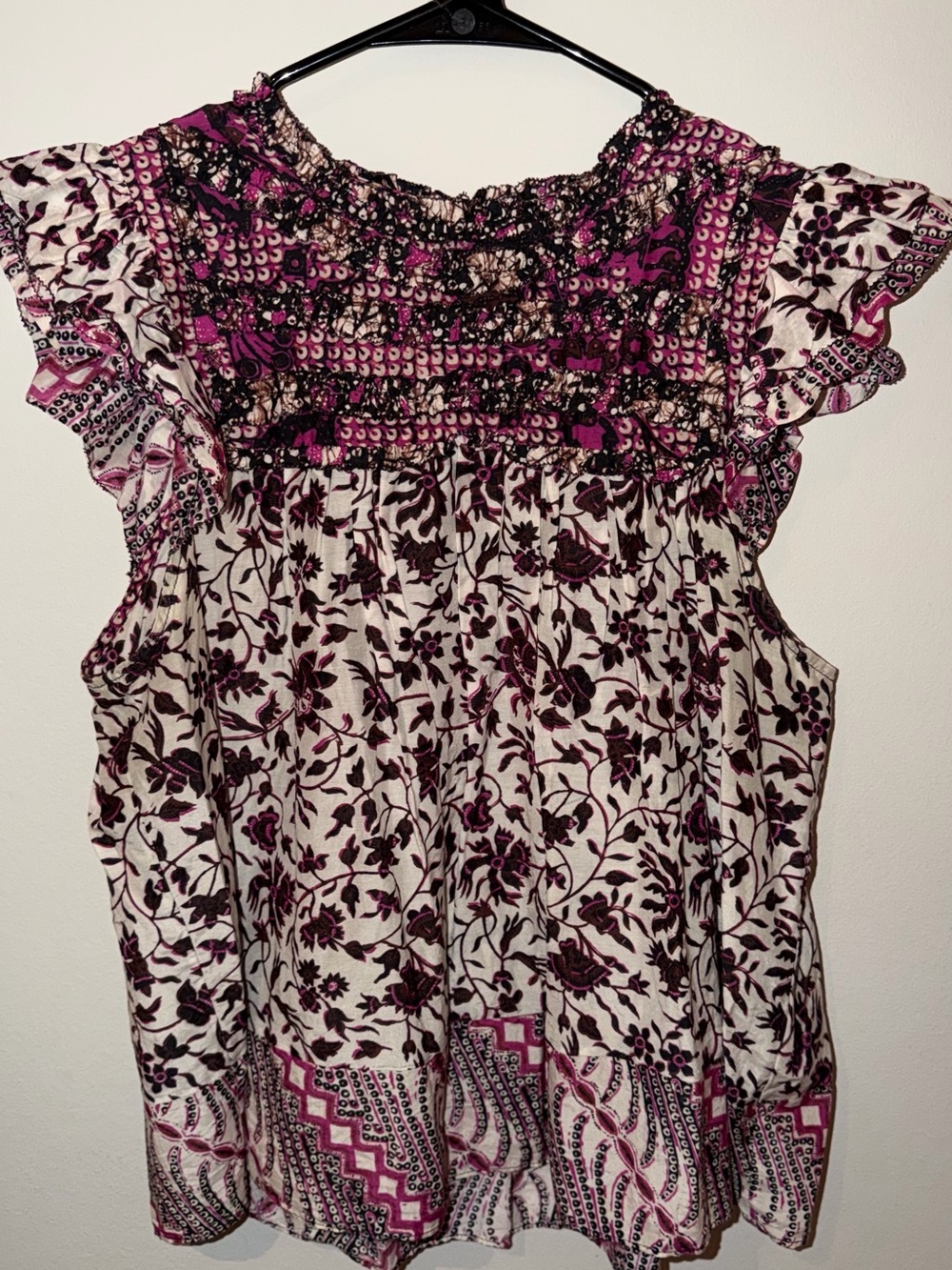 Ulla Johnson Pink, White & Black Floral Smocked Ruffle Blouse